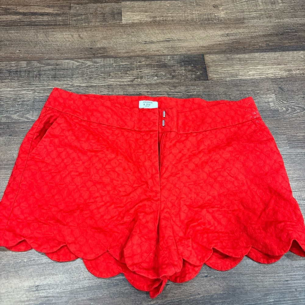 Crown & Ivy Red High Waist Shorts with Scalloped Hem